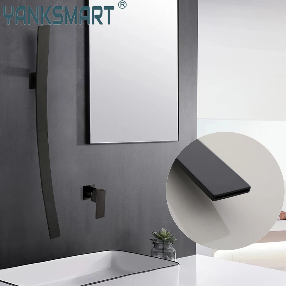

YANKSMART Black Bathroom Faucet Waterfall Spout Wall Mounted Basin Single Handle Mixer Faucets Concealed Sink Water Tap Crane