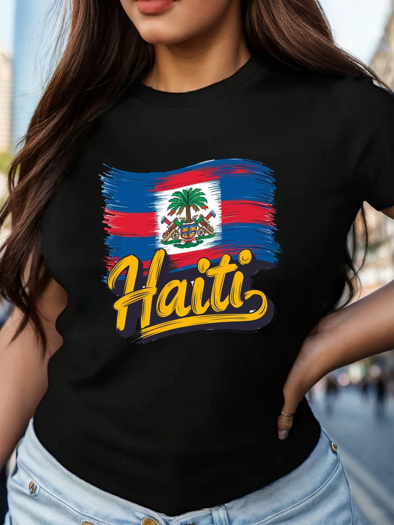 Damska koszulka z wzorem Haiti, swobodny okrągły dekolt, krótkie rękawy na wiosnę i lato.