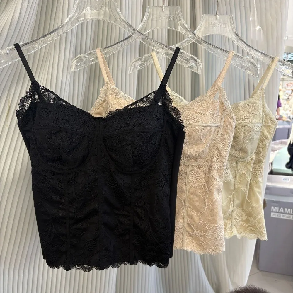 

Korean Style Mesh Flower Slim Lace Crop Top Bottoming Shirt Sweet Girl's Vest Top Vest V Neck Camisole with Pads Women