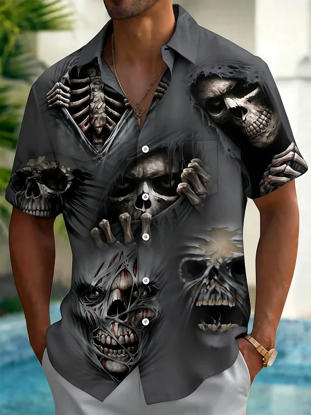 Men's Shirt Dancing Skeleton Print Turn-Down Collar Short Sleeve Button-Down Casual Streetwear Holiday Beach Mens Apparel