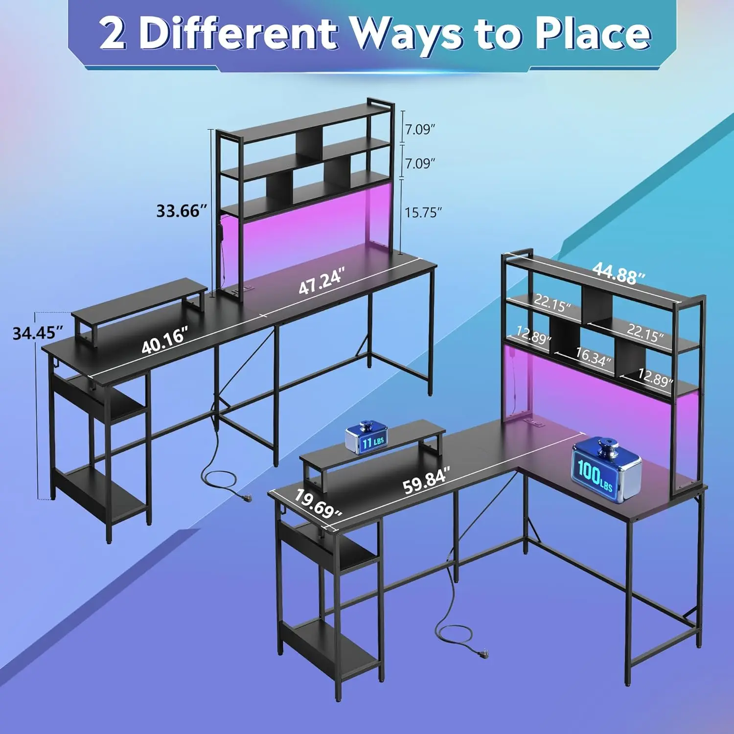 L Shaped Gaming Desk with Hutch, Reversible Computer Desk with LED Light, 3-Tier Shelves, 2 AC+2 USB Outlet and Monitor Stand, C - view 3
