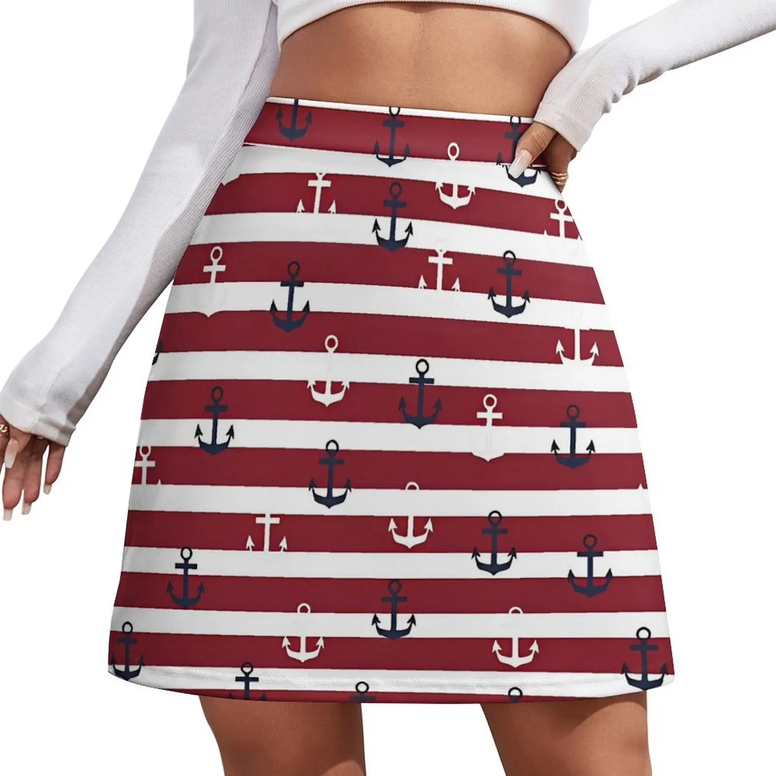 Red Stripes Navy And White Anchor Skirt  Elegant Mini Skirts Summer High waist Pattern Street Fashion Casual Skirt Big Size 4XL