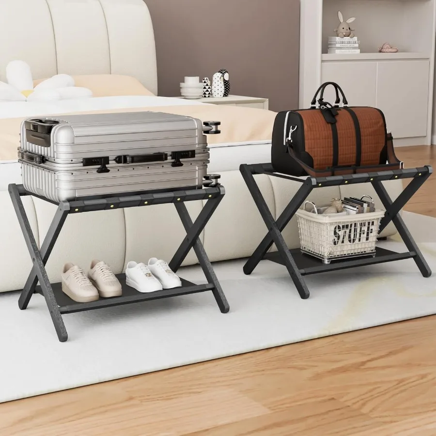 

Luggage Rack Solid Oak Wood Folding Suitcase Stand with Storage Shelf Luggage Stand with Leather Straps for Guest Room Bedroom