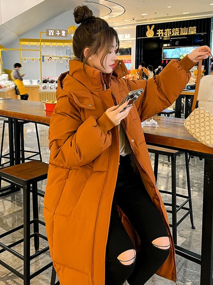 Jaket Wanita Musim Dingin 2025 Gaya Korea Longgar Panjang Selutut Polos Berkerudung Tebal Model Roti Isi Kapas