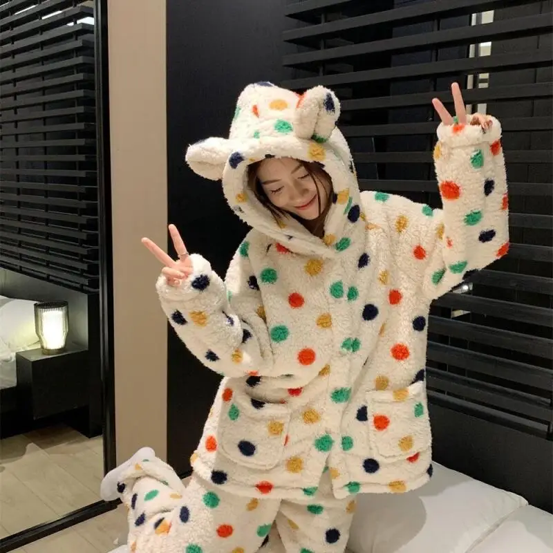 

girl coral fleece leisure wear Autumn polka dot pajamas hooded loose pants Loungewear set Two piece set dopamine new style HOT