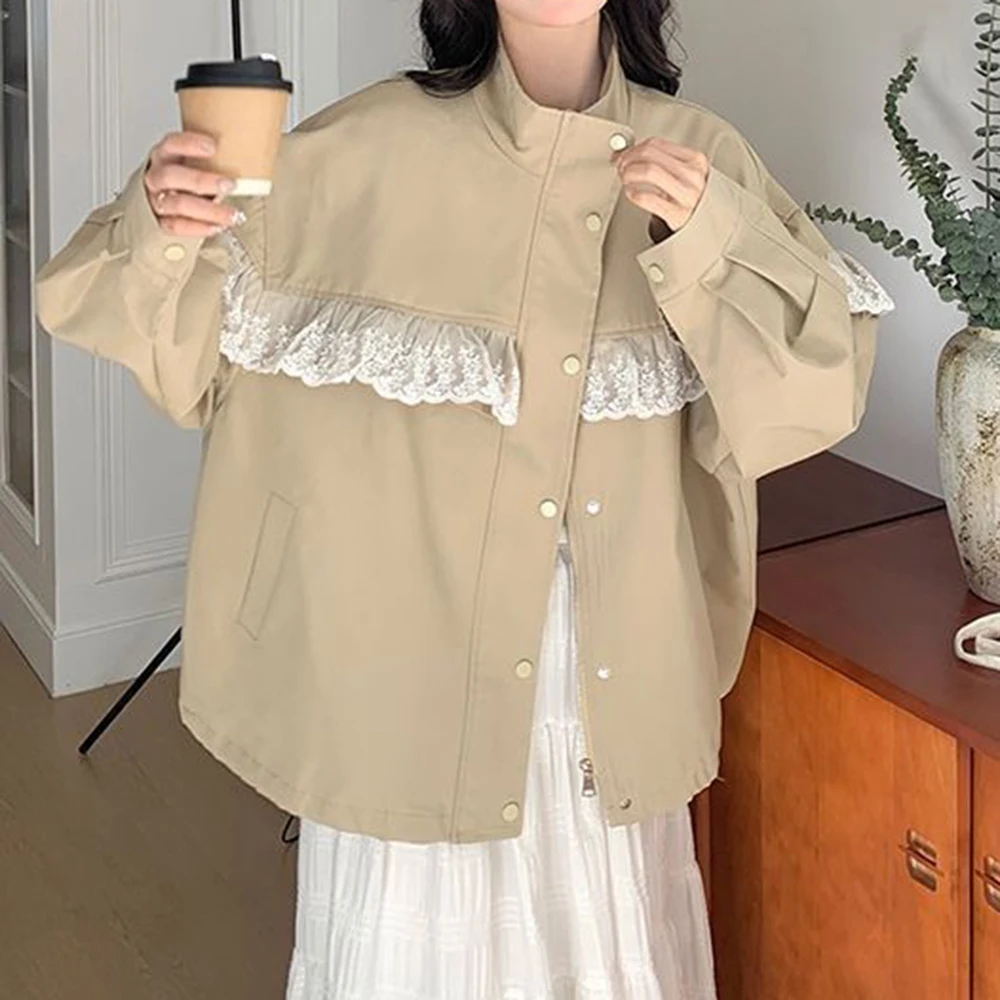 Khaki lace Korean spring coat women's 2025 new popular design small jacket top for women