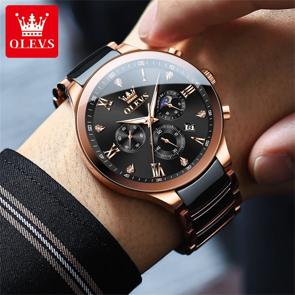 High Quality Quartz Men\'S Watch Ceramics Strap  Elegant Gentleman Waterproof Chronograph Moon Phase Business Wristwatches