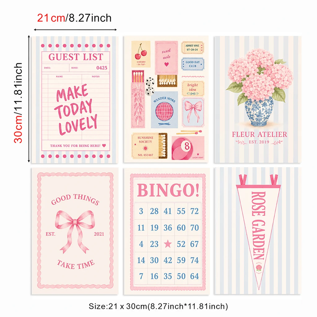 Set of 6 Pink Blue Vintage Canvas Poster Guest List Bingo Bow Rose Garden Hydrangea Tickets Collage Dorm Room Wall Art Decor