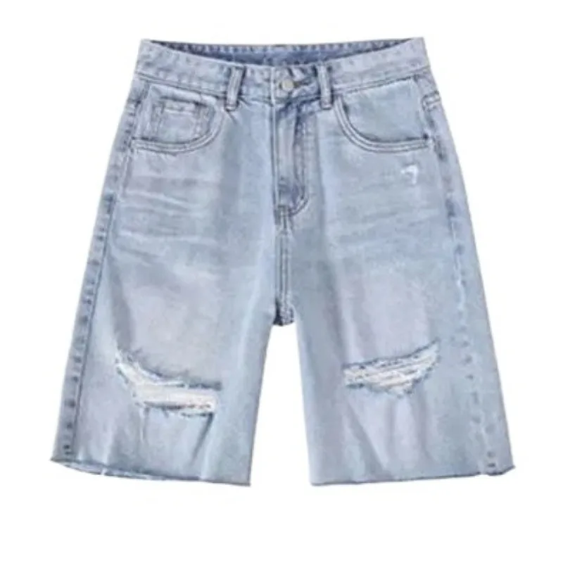 Broke Denim Cropped Pants Women's Cool Summer New Trendy Shorts High Waist Loose Slim Joker Hong Kong Style Ladies Short Jeans