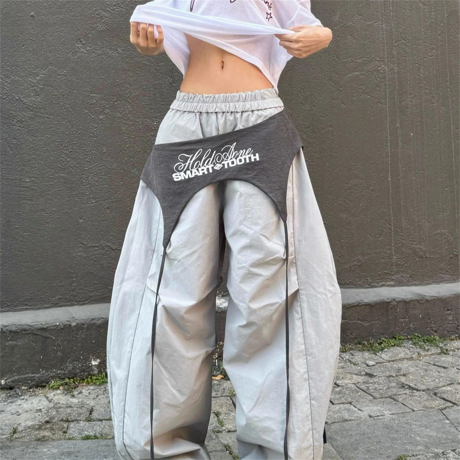 Women's Neutral Tone Wide Leg Pants New Fashion Letter Print Asymmetric Patchwork High Waist Loose Casual Streetwear Trousers