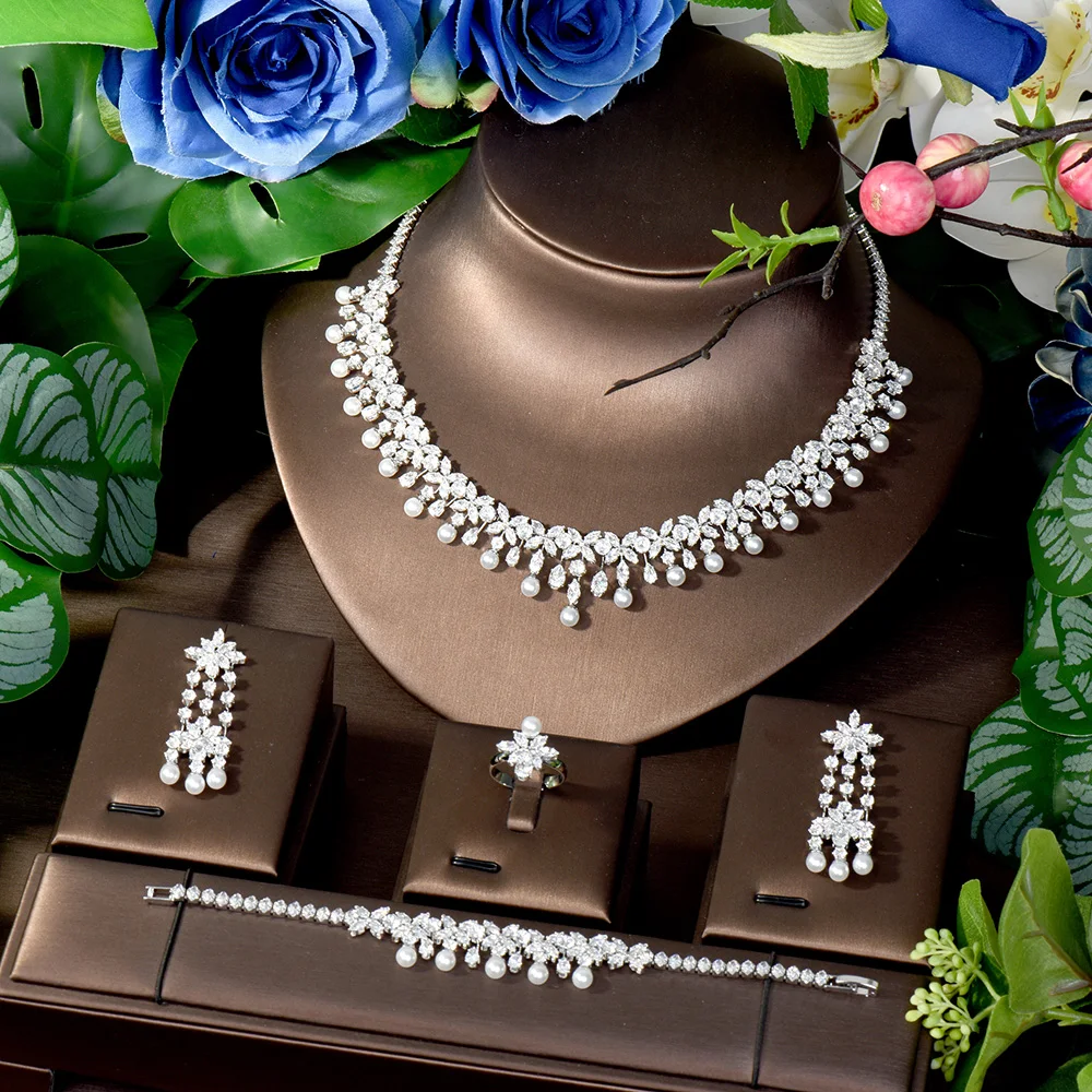 

HIBRIDE Thief Good Looking 4pcs Jewellery Set CZ Zirconia Rich Girl Feeling Necklace Earrings Bridal Wedding Gift Party S-153