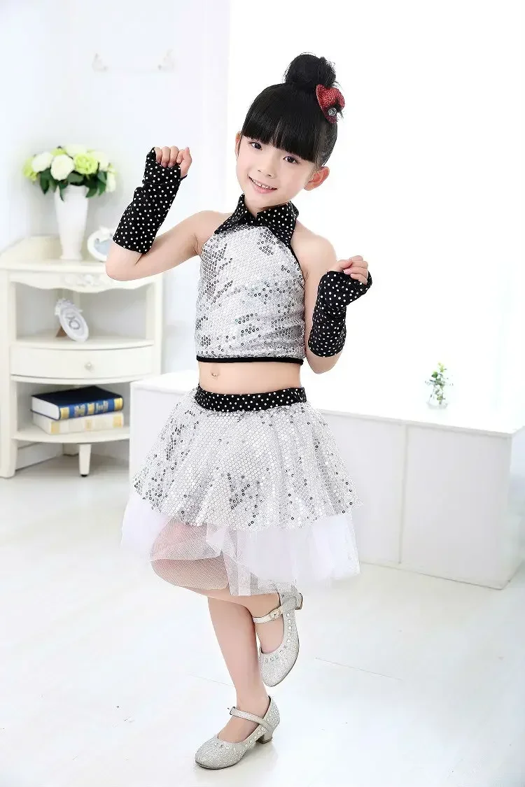 女の子用ジャズダンス衣装、キラキラ輝くスパンコール付きモダンダンス、ヒップホップコスチューム、女の子用ステージジャズダンス衣装、トップスとスカートのセット