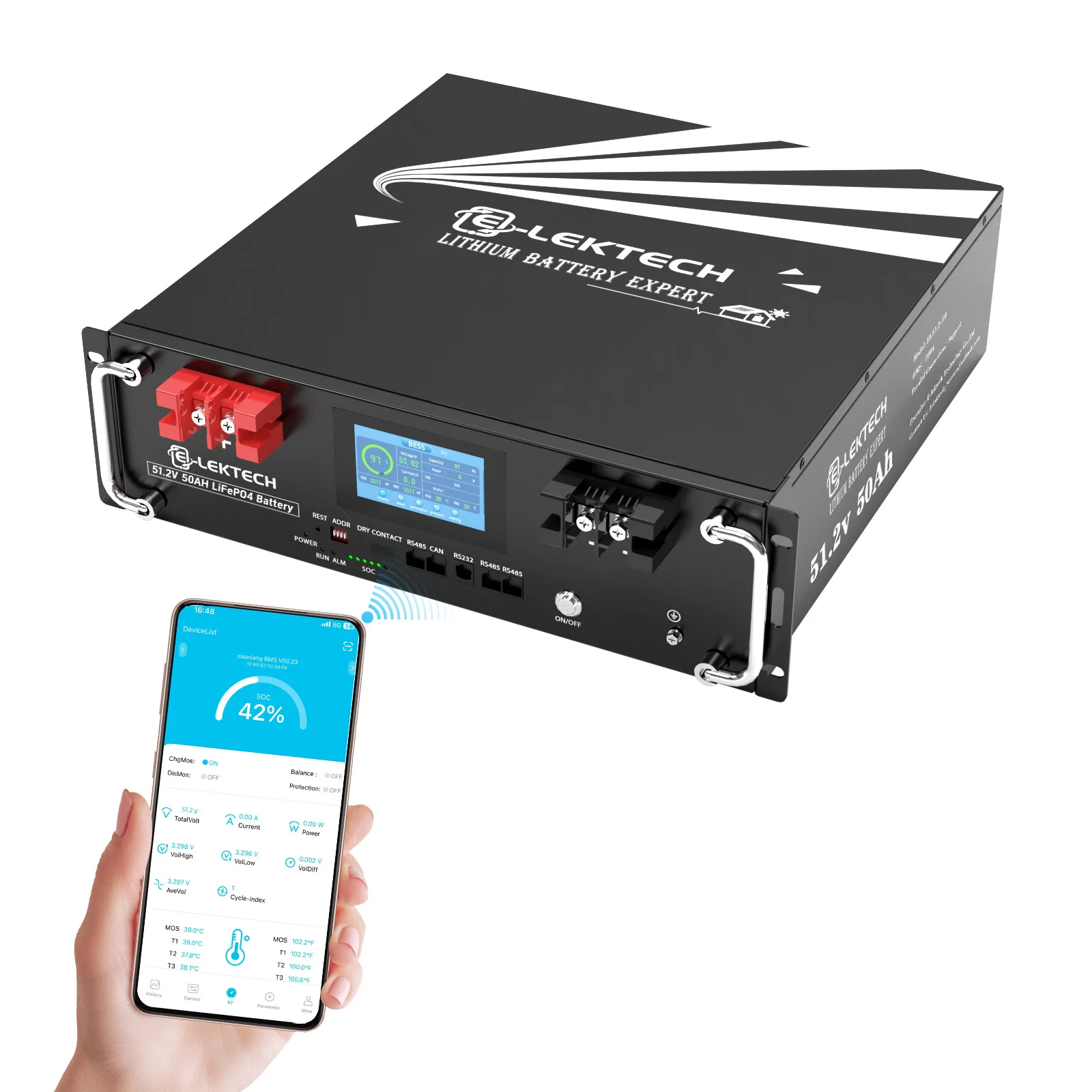 E-LEKTECH 51.2V 100Ah Bluetooth LiFePO4 Lithium Battery Built-in BMS Smart APP Monitoring Rack Mount Energy Storage Battery For Home Off-Grid Solar System