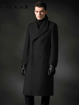 Men's Long Wool Blend Double-Breasted Overcoat 2 Mauroicardi Autumn Winter Long Warm Smart Casual Navy Blue Black Woolen Coat Men Double Breasted Luxury Wool Blends Overcoat 2