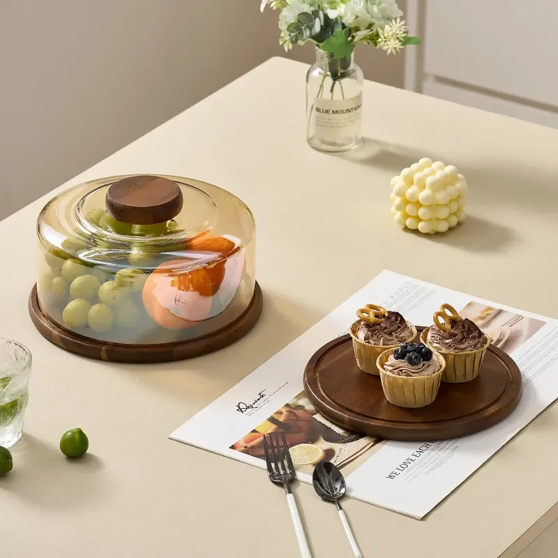 Wooden Cake Tray with Glass Dome Cover Dessert Display Stand for Bread Snacks Tasting Platter Kitchen Party Serving Board