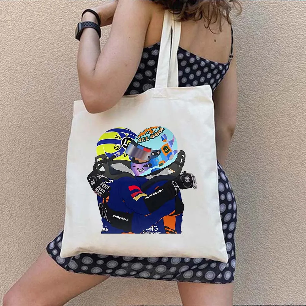 F1 Car Racer Lando Norris Formula 1 Racing Daniel Ricciardo Helmet Men Women Shoulder Canvas Totes Bag Harajuku Shopper Handbags