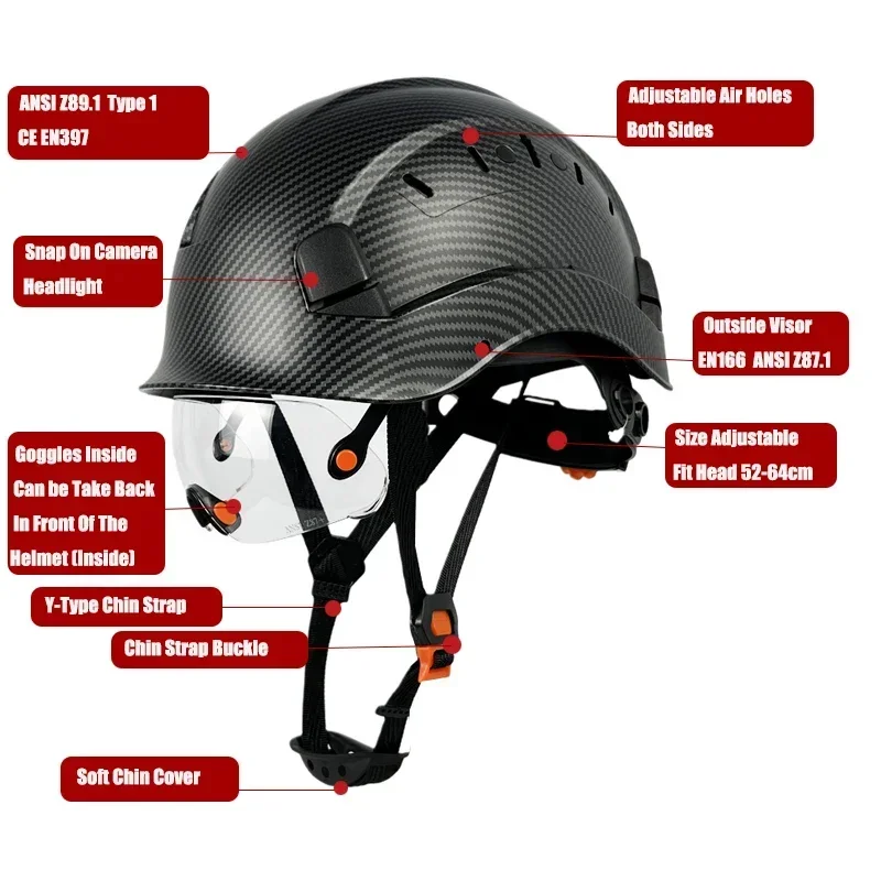 CE Carbon Fiber Pattern Construction Safety Helmet With Build In Visor Goggles For Engineer ANSI Hard Hat Industrial