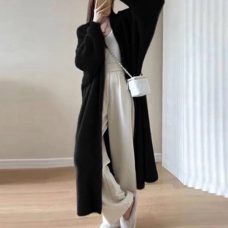 Korean Casual Imitation Mink Fur Cardigan Women Y2K Solid Long Sweaters Elegant Vintage Knitted Coat Winter Soft Loose Jackets