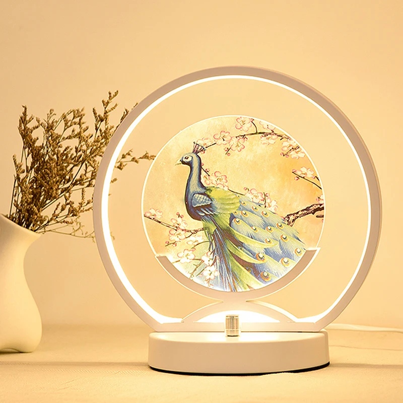 Manual DimmableLED table lamps Round Peacock picture bedside lamp home decor warm romantic bedroom study Acrylic desk lamps