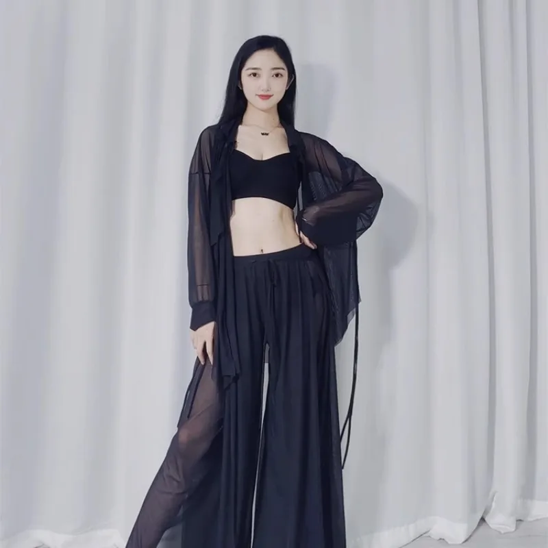 أزياء الرقص الشرقي المخصصة فستان الممارسة 2025 جديد الرقص الحديث شبكة بنطال ذو قصة أرجل واسعة مجموعة أسود