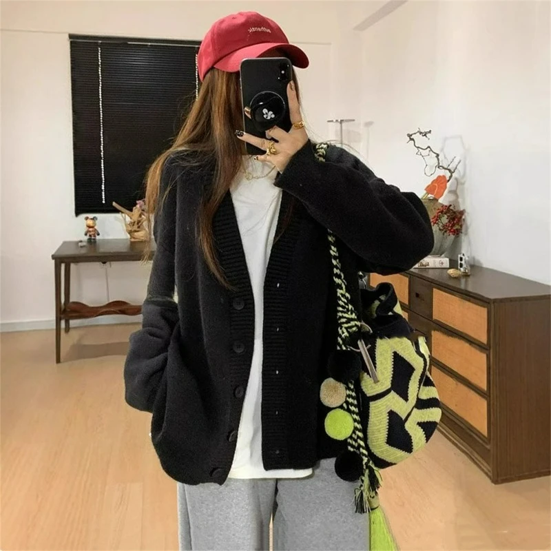 

New Loose Versatile Cardigan for Women Autumn Winter Japanese Style of Youthful School with Color-blocked Striped V-neck Sweater