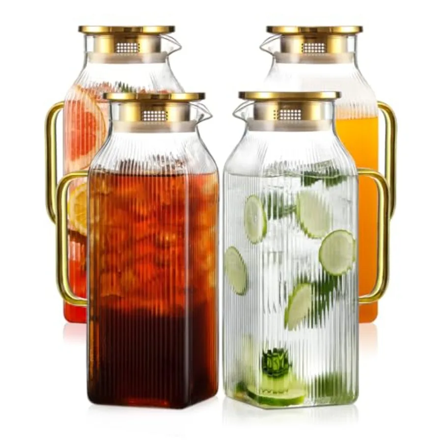 

4 Pack 2 Liter/68 oz Square Glass Pitcher with Lid Classic Stripes Water Pitchers with Handle for Fridge Large Jug for Iced Tea
