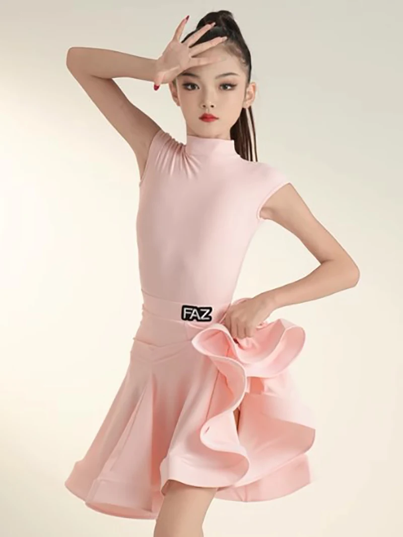 

Children Kids Girls Latin Dancewear Short Sleeve Bodysuit and Large Swing Skirt Ballroom Standard Practice Competition Dancewear