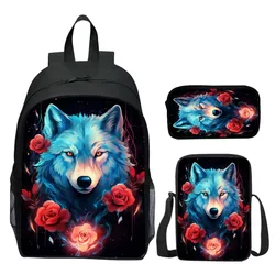 3pcs/set Digital printed animal rose and wolf fashion student backpack for girls's school bags and boy's book bag