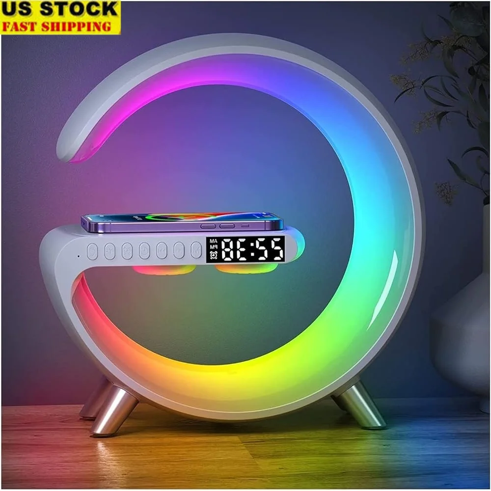 

Smart LED Table Lamp Wireless Charger Bluetooth Speaker Alarm Clock App Control Dimmable Night Light with Surround Sound