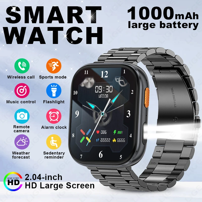 

2026 LIGE Smart Watch LED Flashlight 1000mAh Battery 2.04'' HD Large screen Music Control smart watch for men women Android IOS