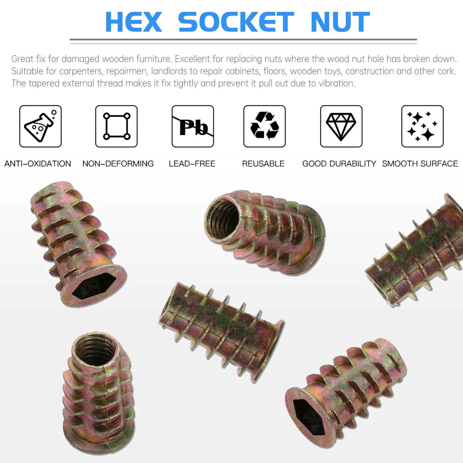 

50Pcs M8x25 Furniture Screw-in Nut Zinc Alloy Socket Nut Threaded Insert Fastener Home Hardware Repair Tool Threaded Insert Nuts