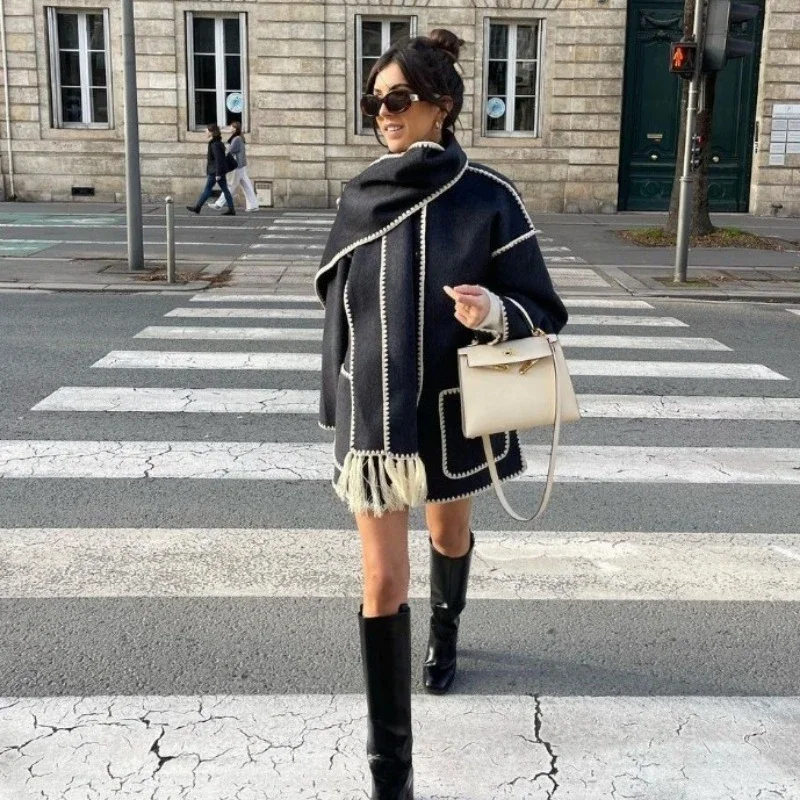 

Fashion Autumn And Winter Women's Fashion Solid Color Line Coat Thick Woolen Loose Coat With Scarf Tassel Street Style 2024 New