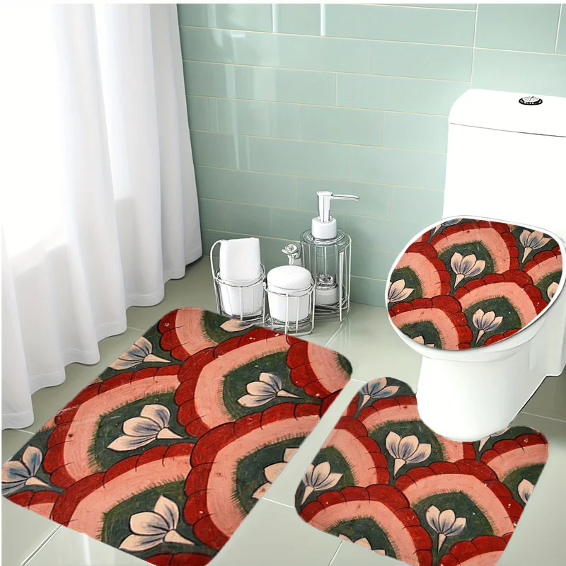 

Набор для ванной Green Red Fan Flower: коврик, чехол на крышку унитаза и U-образный коврик из мягкого фланеля с нескользящей поверхностью для декора ванной комнаты
