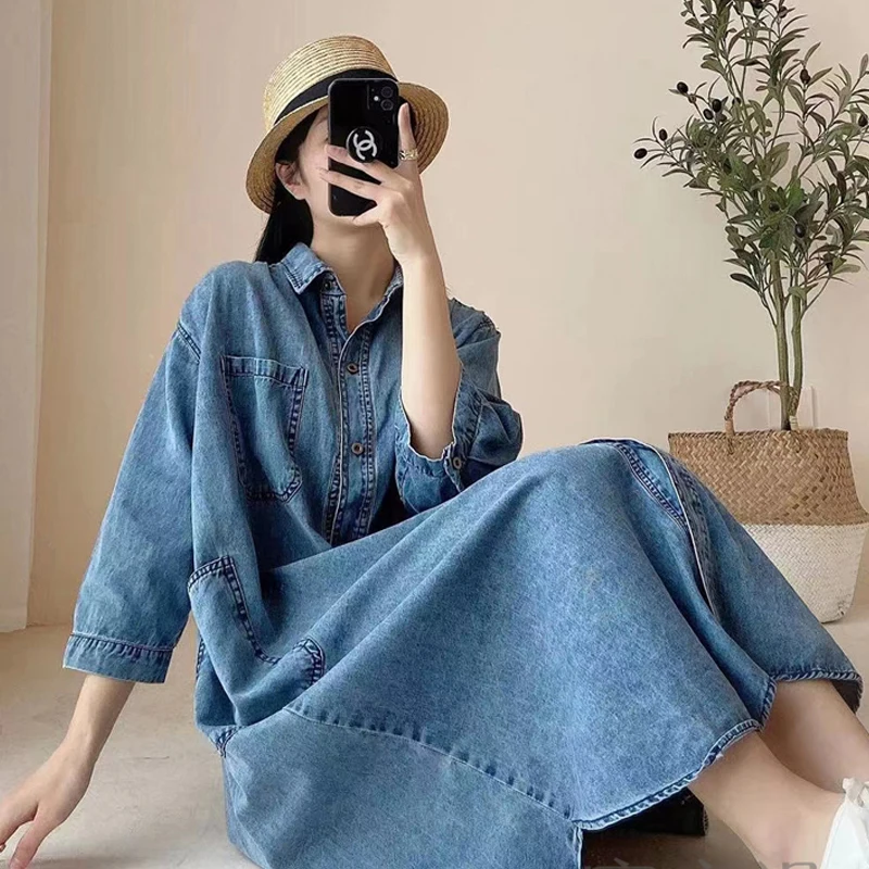 2025 Moda estiva Solid Denim Mezza manica Colletto rovesciato Bottoni Camicia Abito Abiti da donna Abiti eleganti da donna di moda