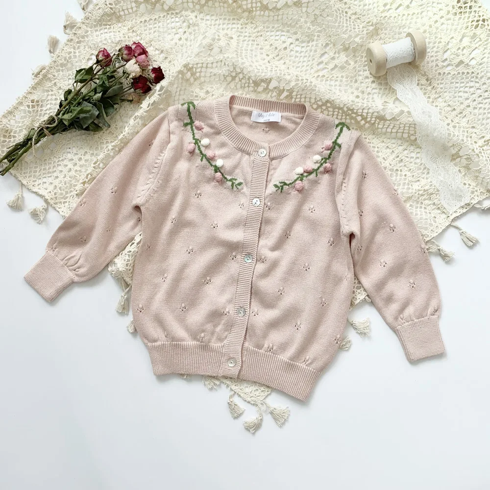 Baby Girls Cardigan With Hand Embroidery Toddler Knitted Top Kids Air Conditioning Clothes 2-7Y