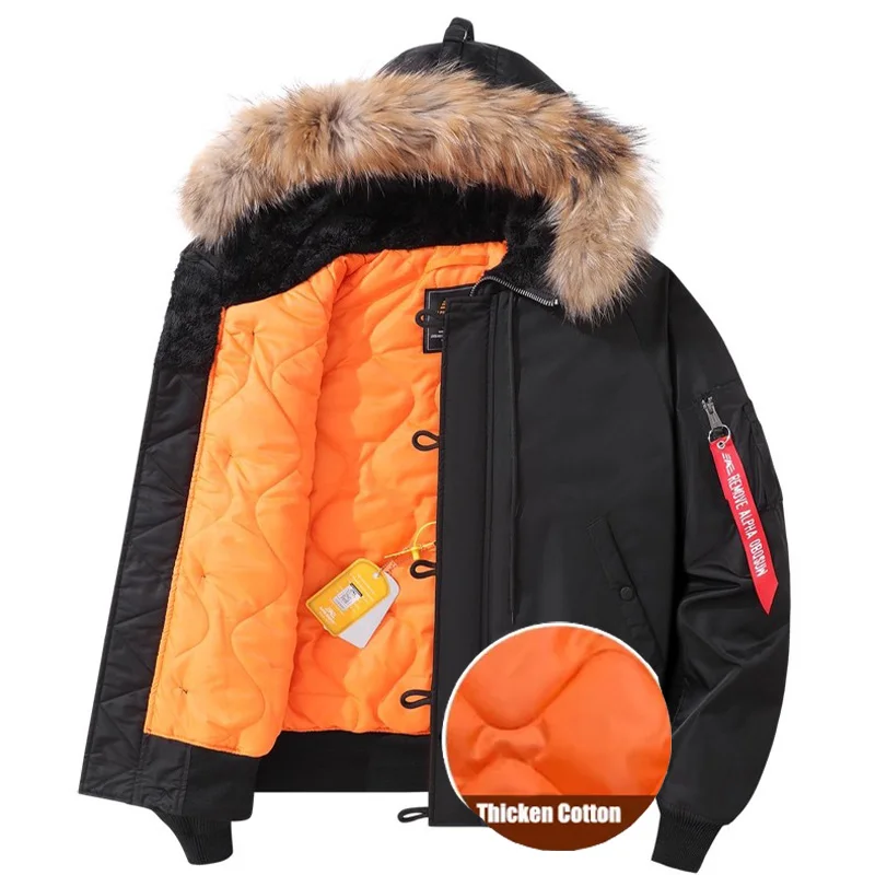 

Autumn and Winter Men New Hooded Fur Collar Pilot Cotton Jacket Thicken Cotton Pad Short Coat