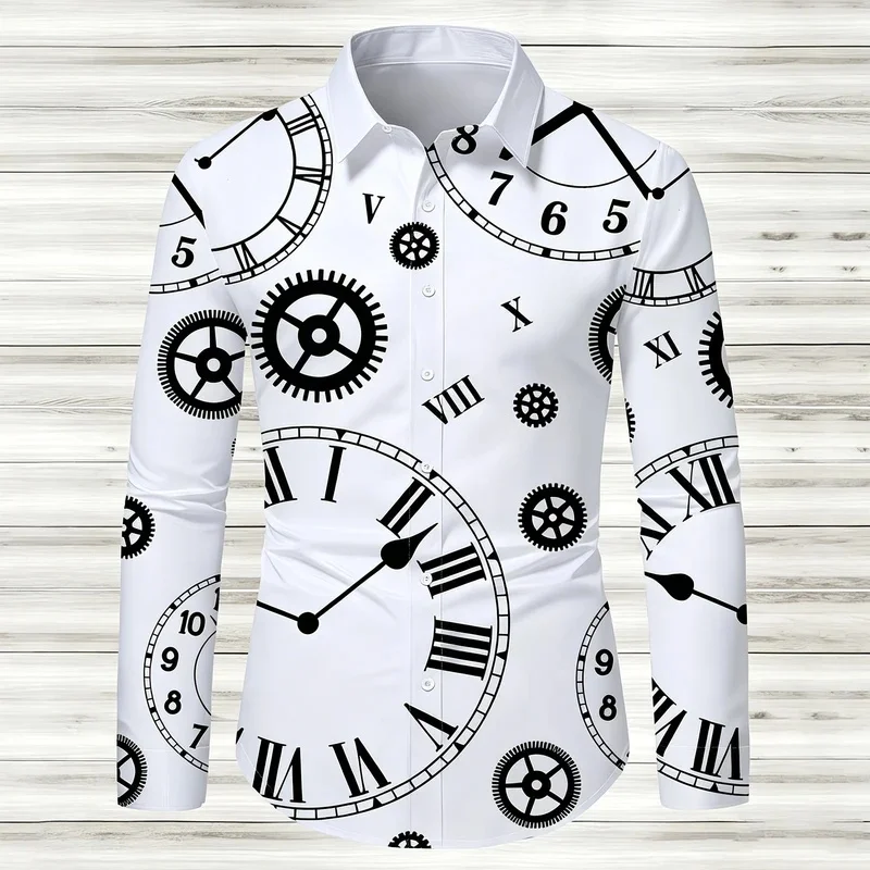 Men's white long-sleeved shirt with black and white gear clock and Roman numeral print, draped lapel, steampunk trendy shirt.