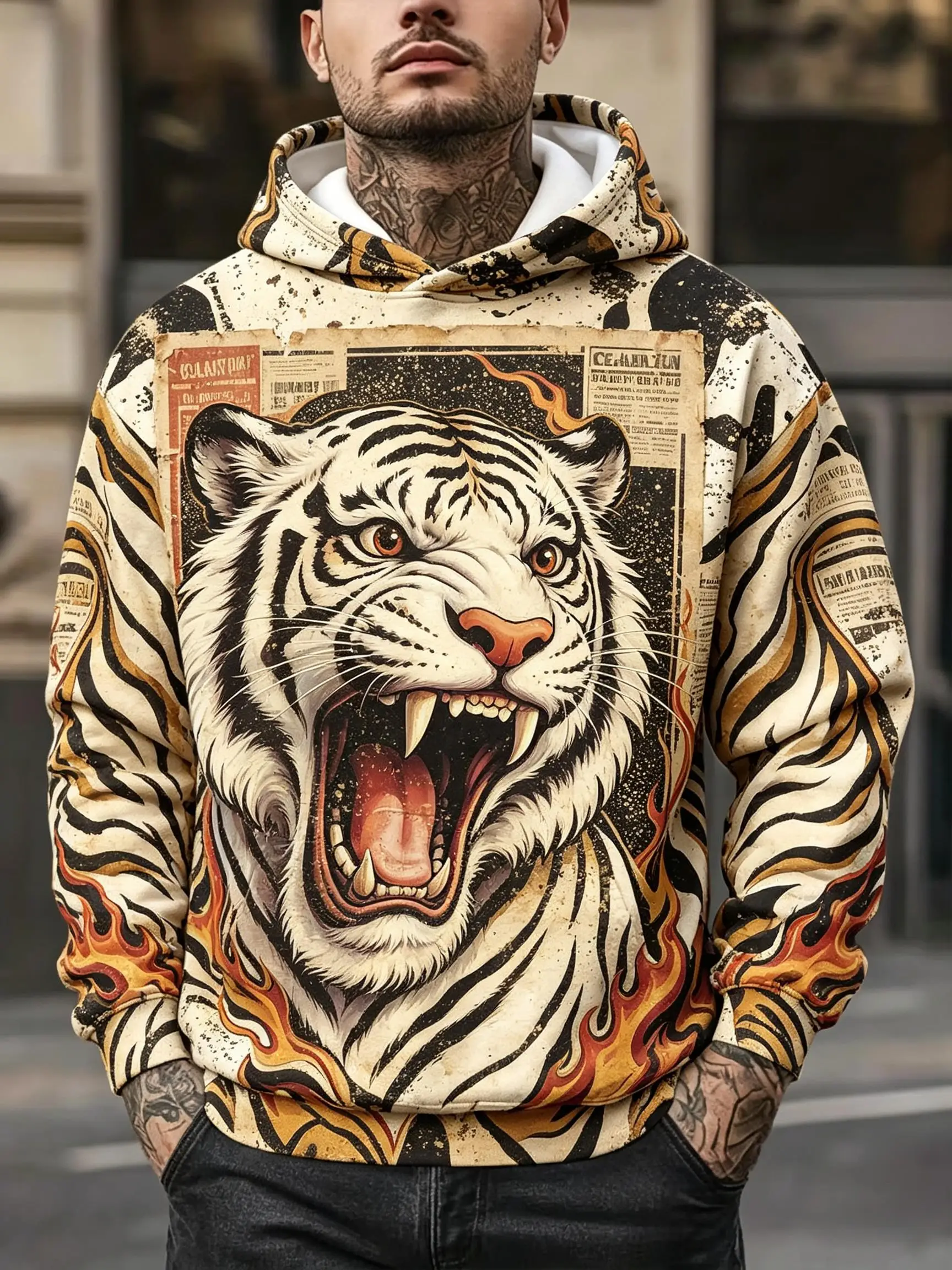Men's Hoodie thin Autumn Winter Vintage Newspaper Roaring White Tiger Flame Full Print Hooded Pullover Streetwear Clothes