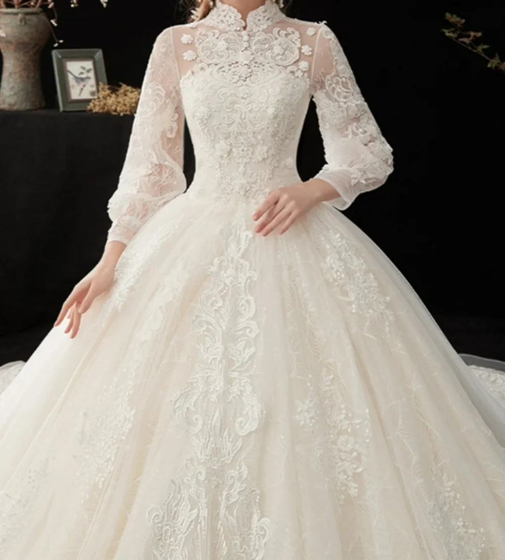 Graceful High Neck Wedding Dresses Vintage Ball Gown Lace Customized Luxury Elegant Floor-length Dress For Bride Robe De Mariée