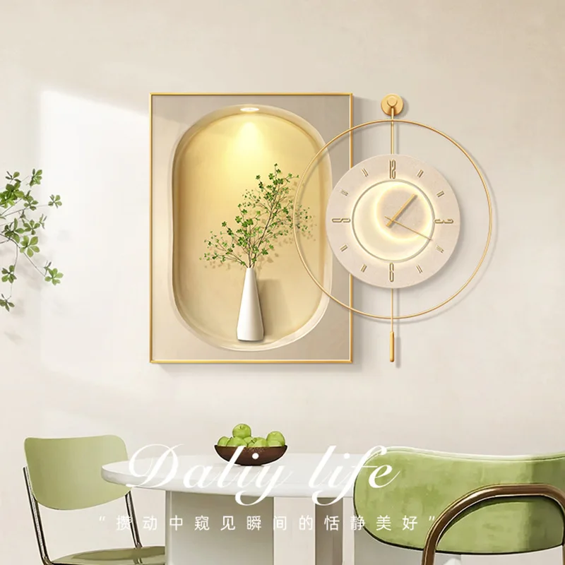 Green plant cream style dining room living room clock high-end light luxury creative clock hanging wall simple modern