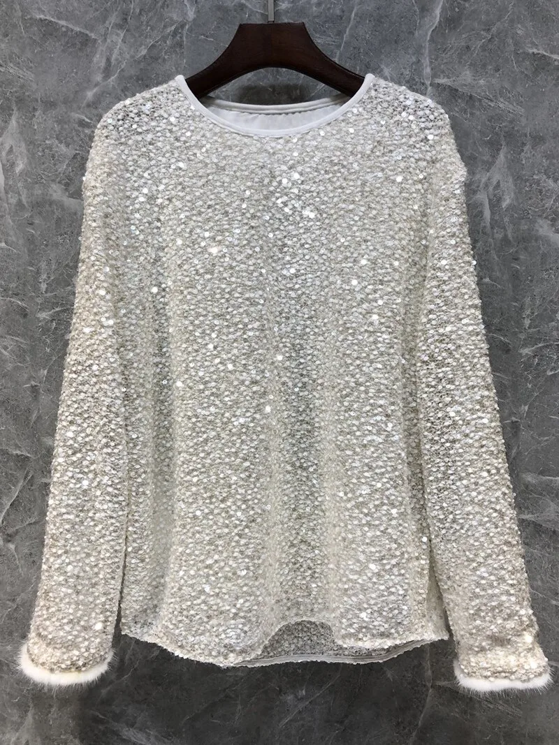 Elegant Heavy Embellished Sequin T-Shirt Women's Euro Style Spring Fashion Top Quality Straight Cut Long Sleeve Commute Wear