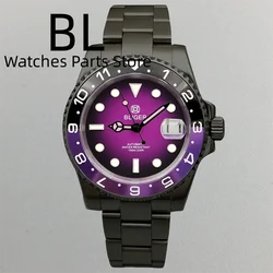 BLIGER 40mm Black Plated NH35 Movement Mens Automatic Watch Sapphire Crystal 316L Bracelet Purple Seconds Date Cyclops Luminous