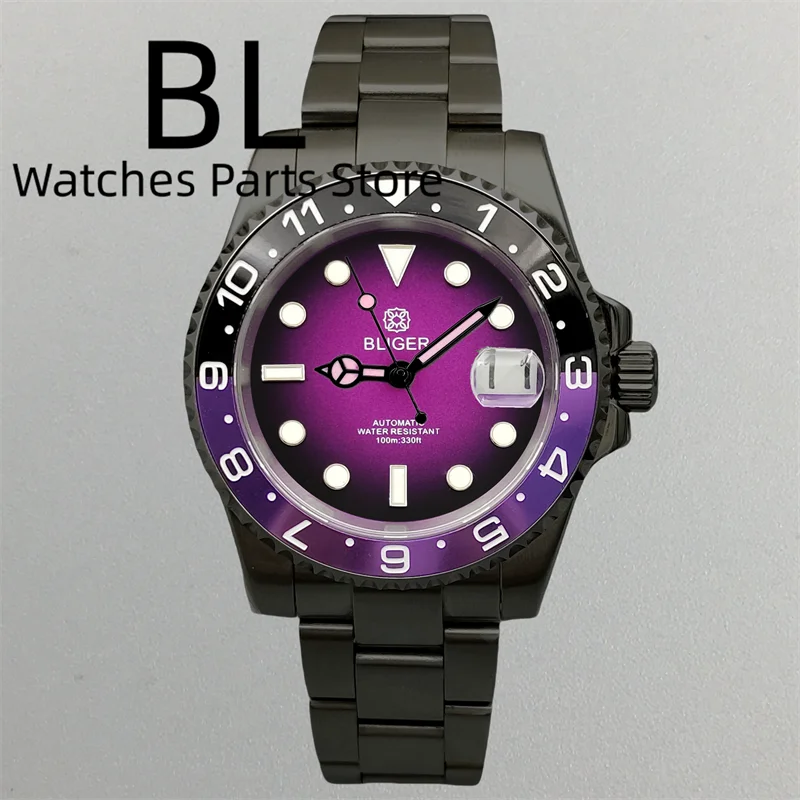 BLIGER 40mm Black Plated NH35 Movement Mens Automatic Watch Sapphire Crystal 316L Bracelet Purple Seconds Date Cyclops Luminous