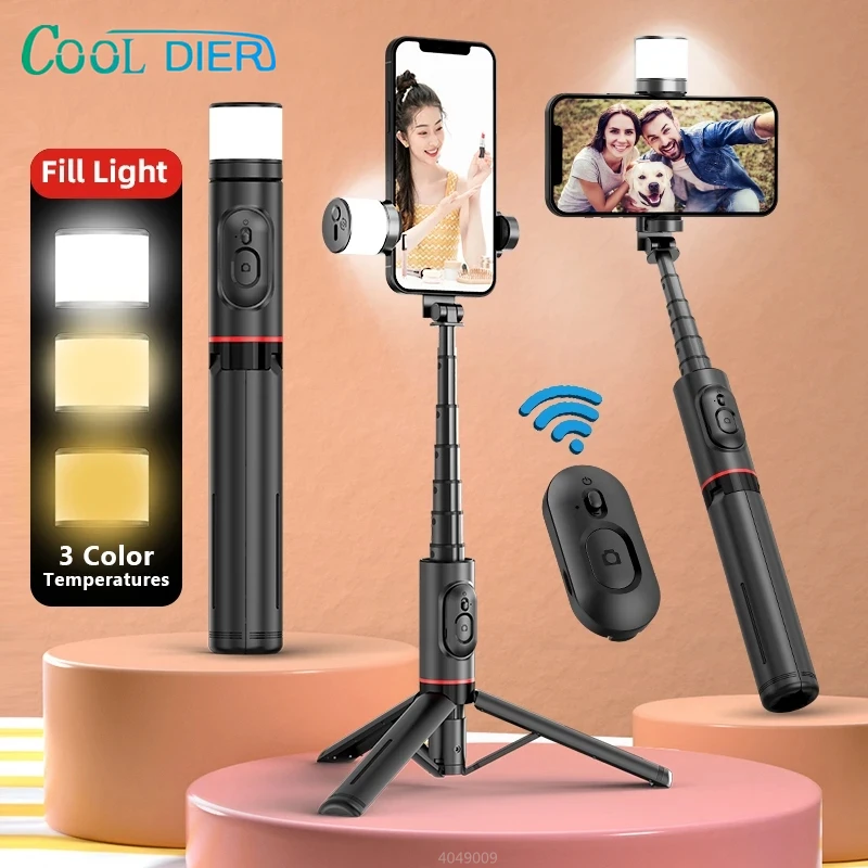 COOL DIER Q12S Foldable Wireless Selfie Stick Bluetooth Monopod With Remote Shutter Fill Light Tripod for IOS Android 2023 NEW