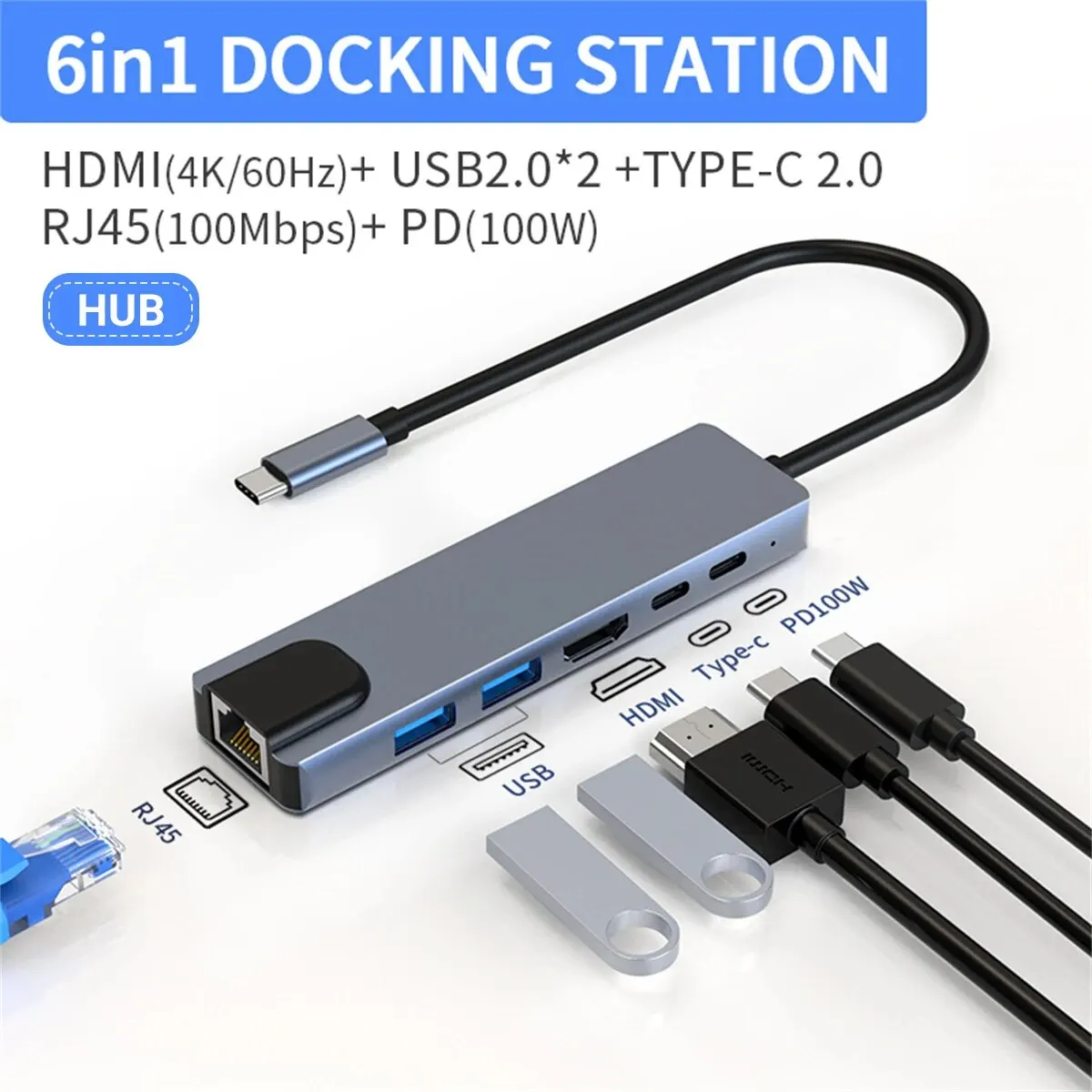 Hub USB C 4K @ 60Hz, 6 en 1, adaptador multipuerto con 2 puertos USB /1 HDMI, tipo C/PD/RJ45 dongle USB C para portátil y tableta I