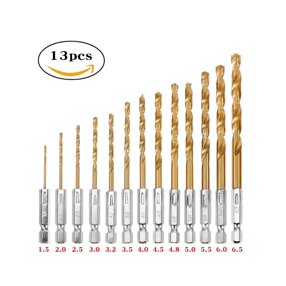 

13PCS 1.5mm-6.5mm Drill Bit Set Titanium Coated High Speed Steel Hex Shank Hole Opener For Wood Plastic Aluminum