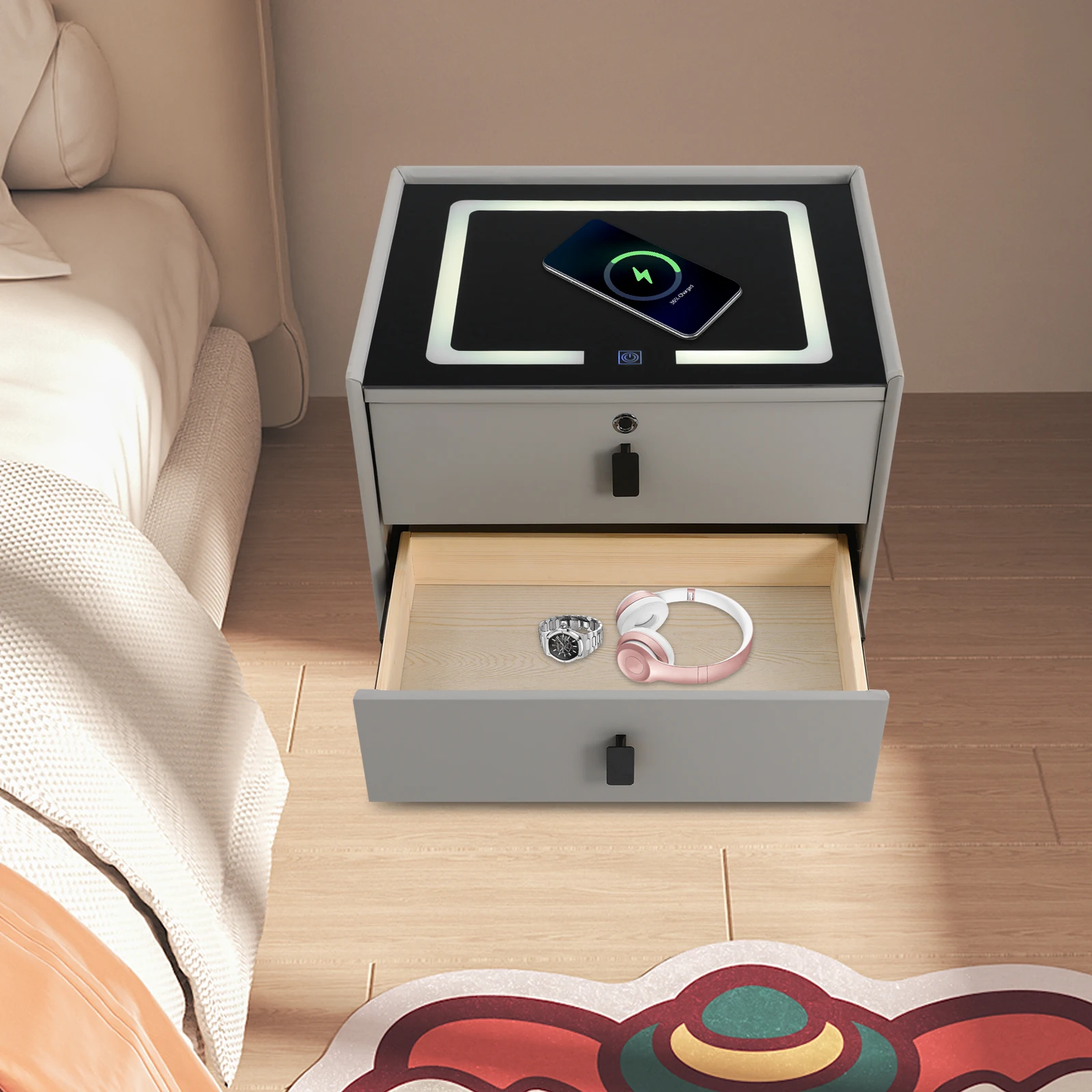 Bluetooth-Lautsprecher Smart-Nachttisch mit LED-Licht USB-Anschluss Kabelloses Laden
