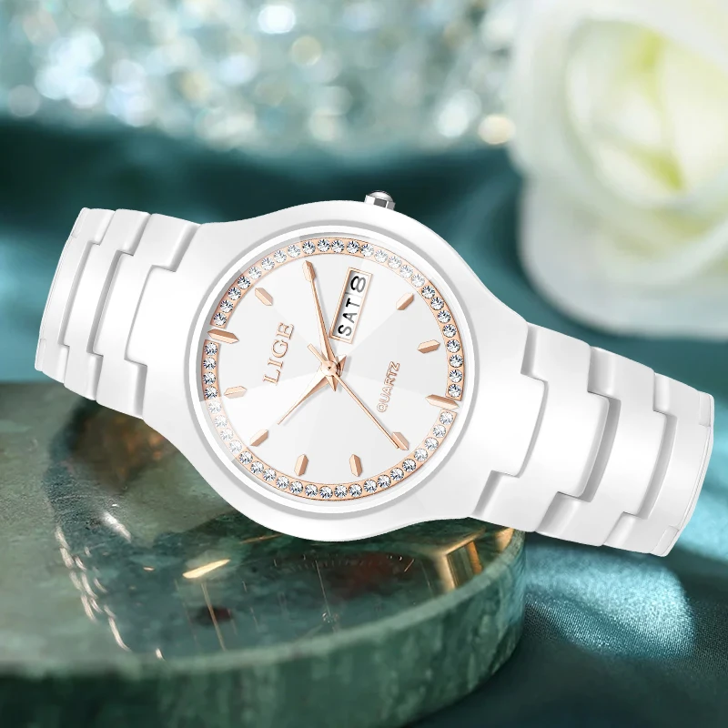 LUIK Merk Vrouw Horloge Keramiek Band Eenvoudige Waterdichte Kalender Week Quartz Horloges voor Vrouwen Elegante Dames Armband voor Geschenken