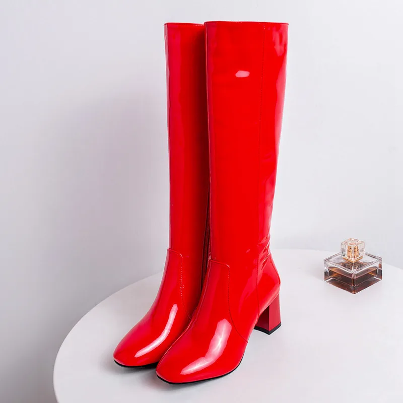 المرأة أحذية حمراء حذاء أسود براءات الاختراع والجلود حذاء نسائي فوق الركبة المرأة الشتاء التمهيد الفخذ أحذية عالية حجم كبير #6
