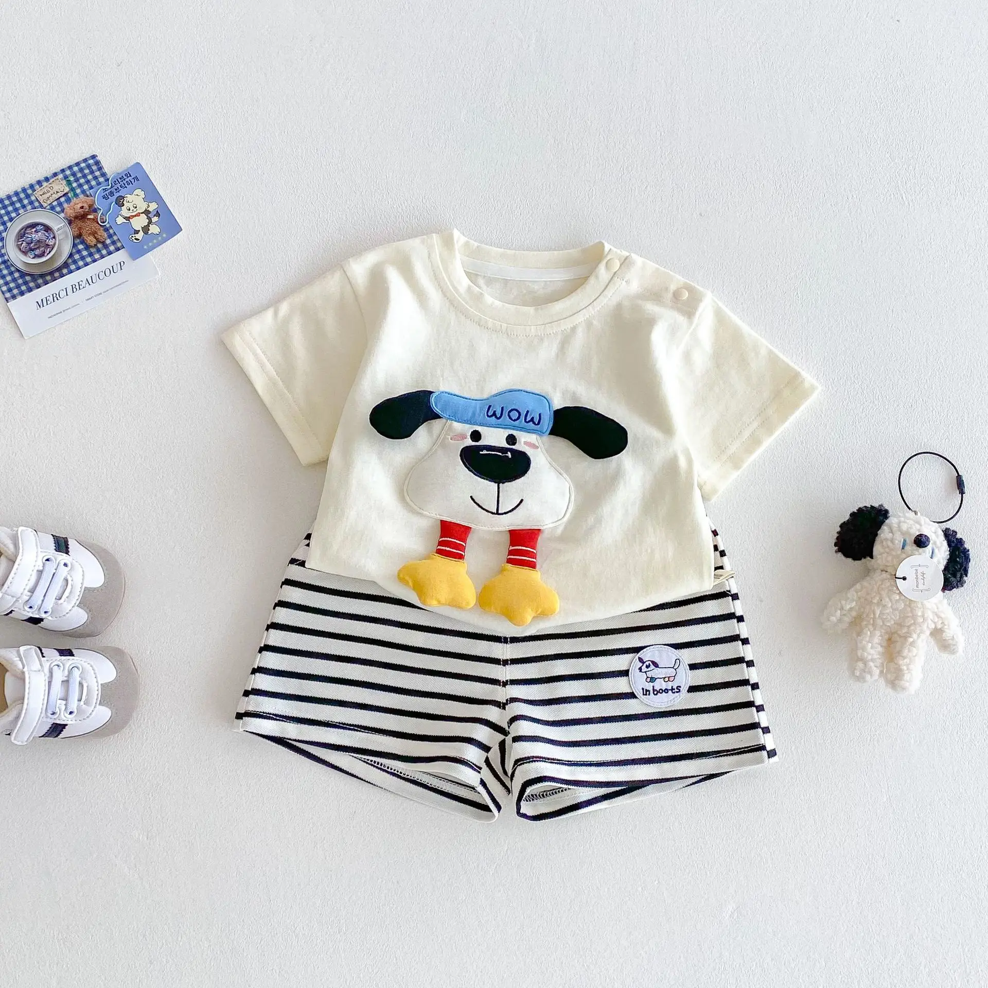 

Children's Korean Edition Set 2025 New Summer Boys' 3D Cartoon T-shirt Baby Patch Shorts Trendy Two Piece Set